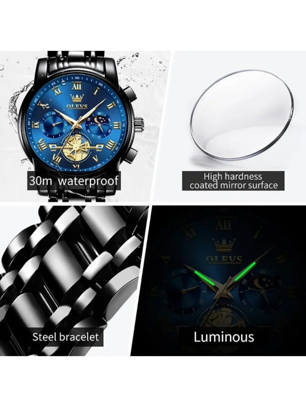Men's Black Blue Luxury Stainless Chronograph Analog Quartz Waterproof Watch